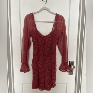 Revamped Ruched Mesh Red Burnt Orange Mini Dress With Puff Sleeves & Polla Dots